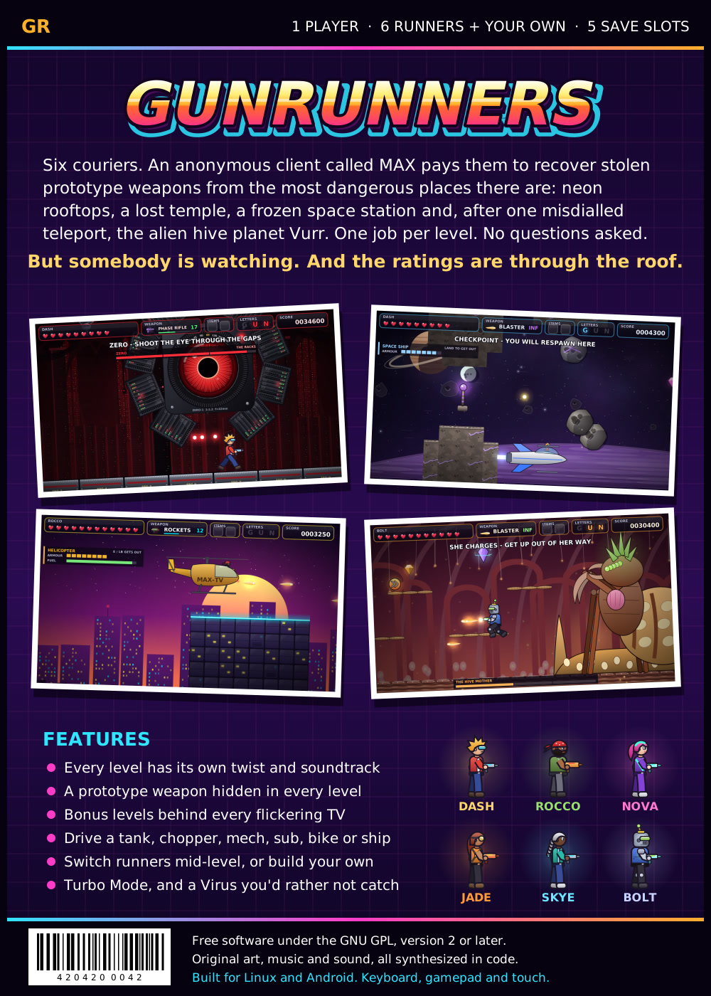 Back of the Gunrunners box: the story blurb, four screenshots, the feature list and the six runners.