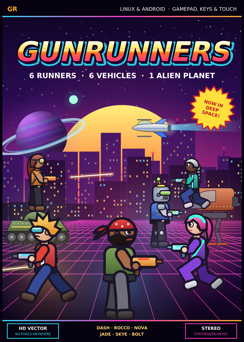 Front of the Gunrunners box: the six runners in front of a neon city, a tank, a space ship and a ringed planet.