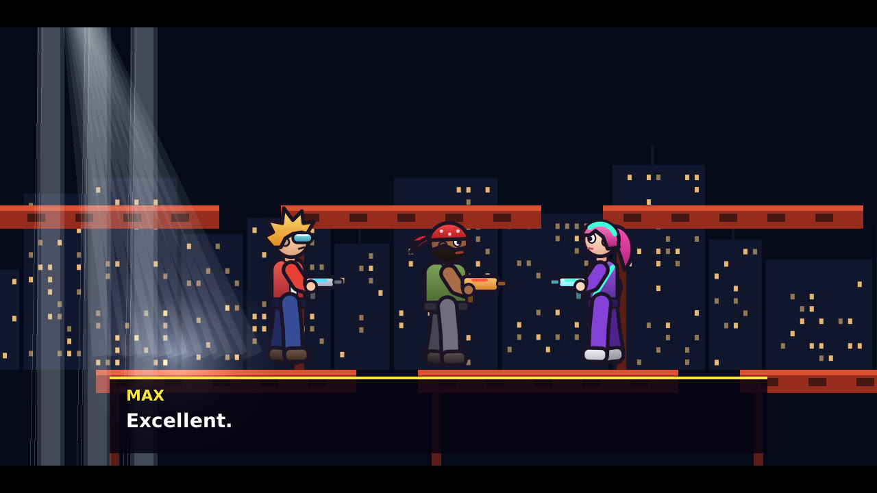 A briefing cutscene: Dash, Rocco and Nova on a rooftop, MAX on the line: Excellent.