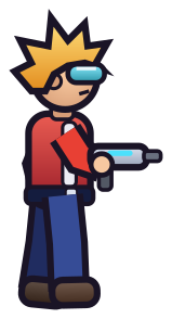Dash: spiky blond hair, cyan shades, red jacket.