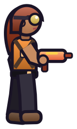 Jade: goggles, orange vest, flamethrower.