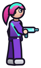 Nova: pink ponytail, purple racing suit.