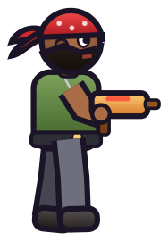 Rocco: bearded, red bandana, green shirt, rocket launcher.