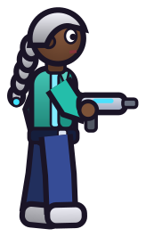 Skye: white braid, teal jacket.