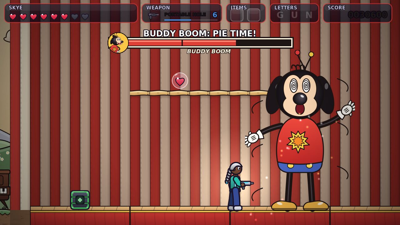 Buddy Boom, a giant cartoon puppy in a circus big top, calls PIE TIME.