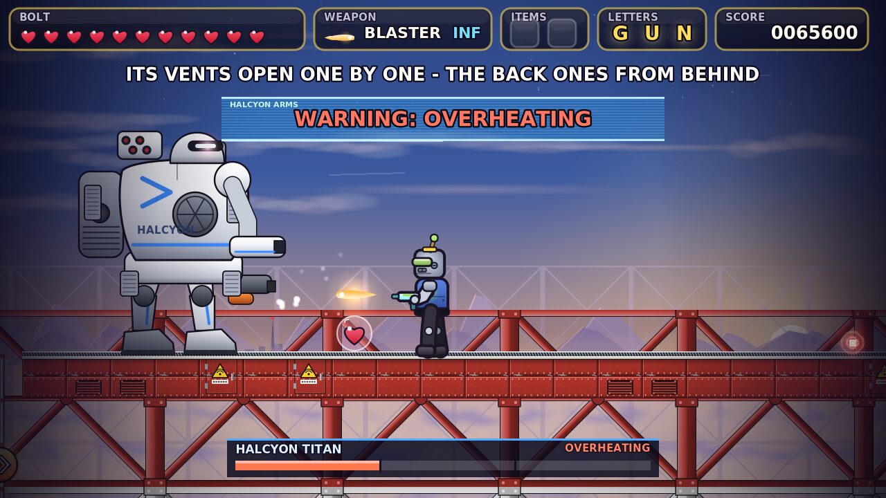 The Halcyon Titan, a white mech on the transmitter mast, overheating.